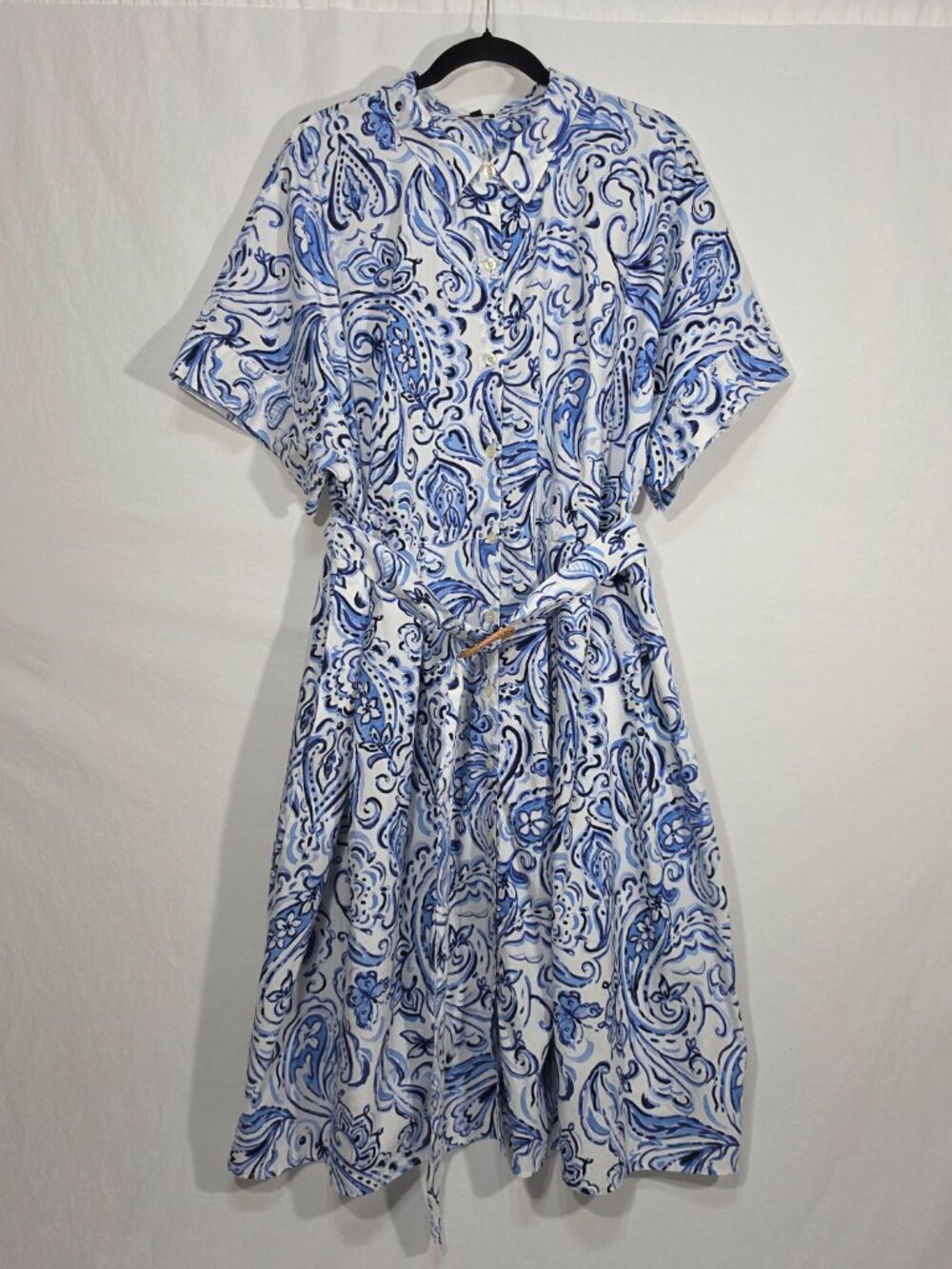 TALBOTS Sutton Shirtdress Blue-White Paisley Print Button Front Pocket Size 22w.